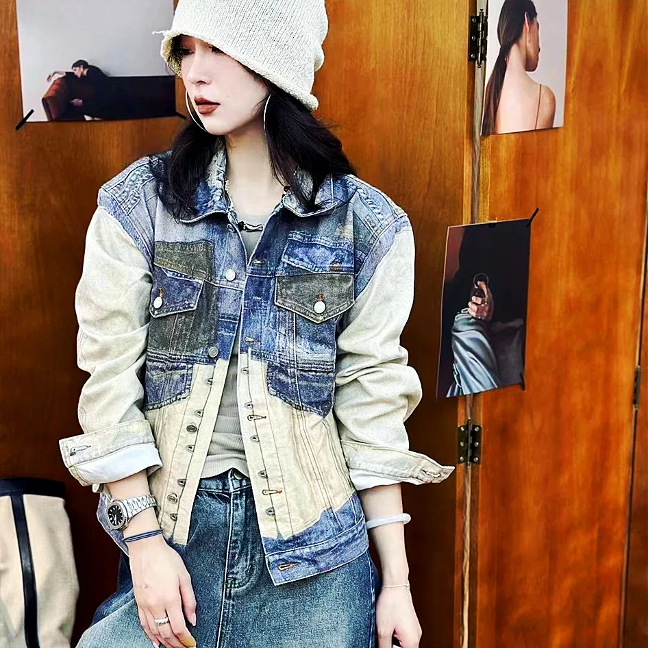 

Chic OOTD Spring Autumn Runway Denim Jacket Women 3D Print Coats Jeans Cool Vintage Retro High Street Geek Rock BF Coats NZ265