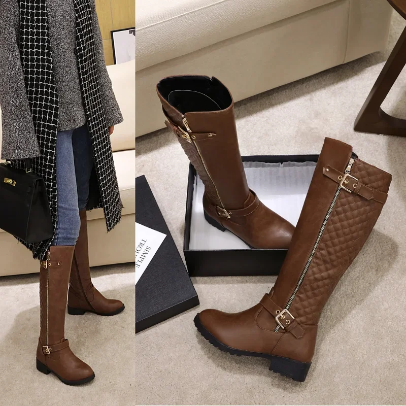 2023 New Antumn Winter Women Long Boots Plus Size 22-27 Cm Grid Splicing Side Zip Fashion Knee High Boots Women Modern Boots