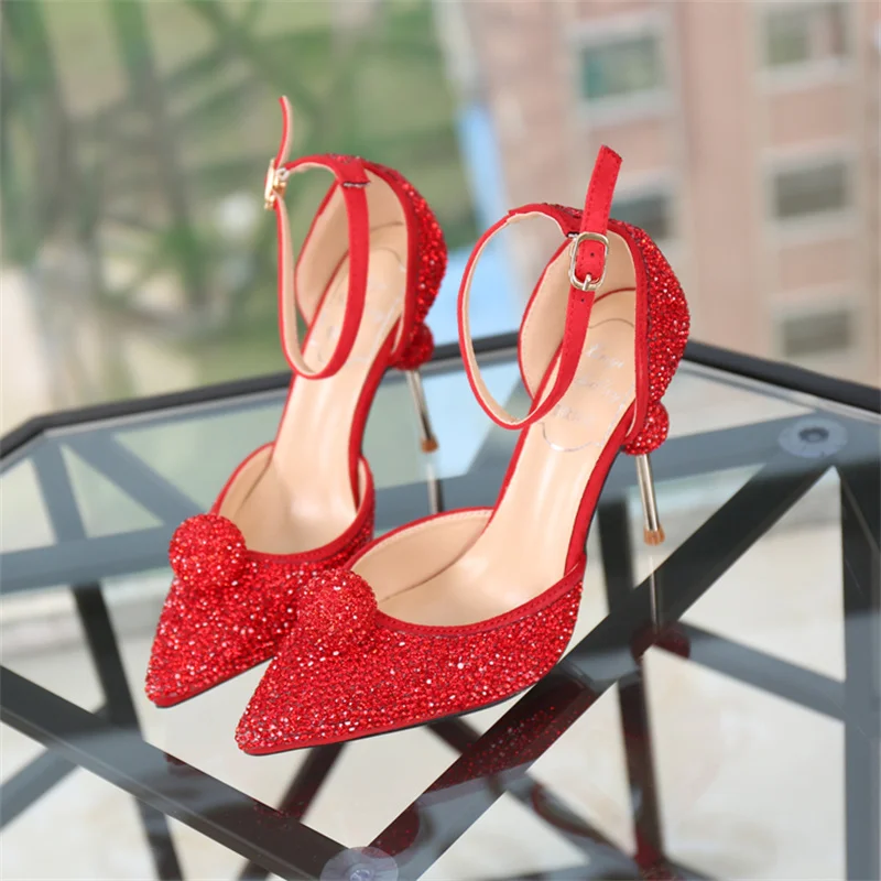 

Spring/Autumn 2022 Women's Shoes Red and Silver Fashion Narrow Band Buckle Strap Bling Crystal Lady's Wedding Pointed Toe Pumps