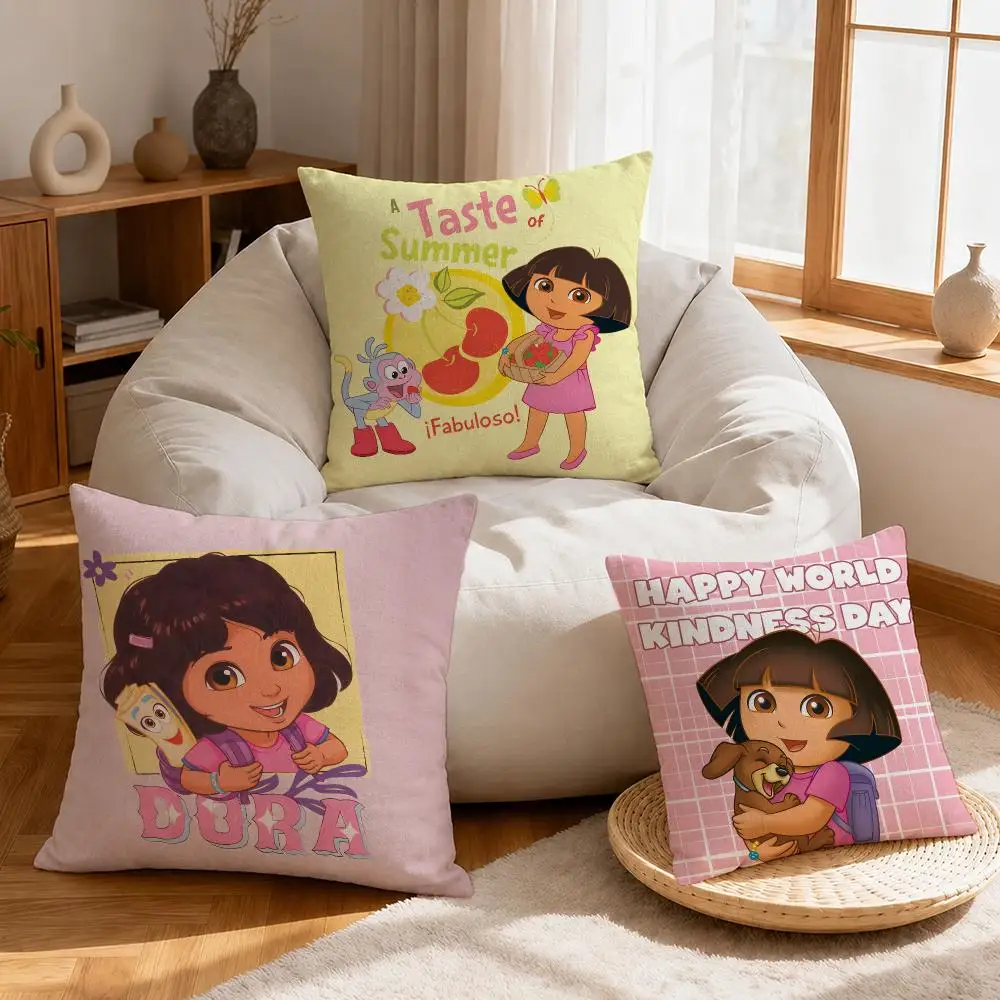 Cartoon Dora the Explorer Cushion Cover Linen Anti-Mite Antibacterial Cushion Cover Invisible Zipper Sofa Decor