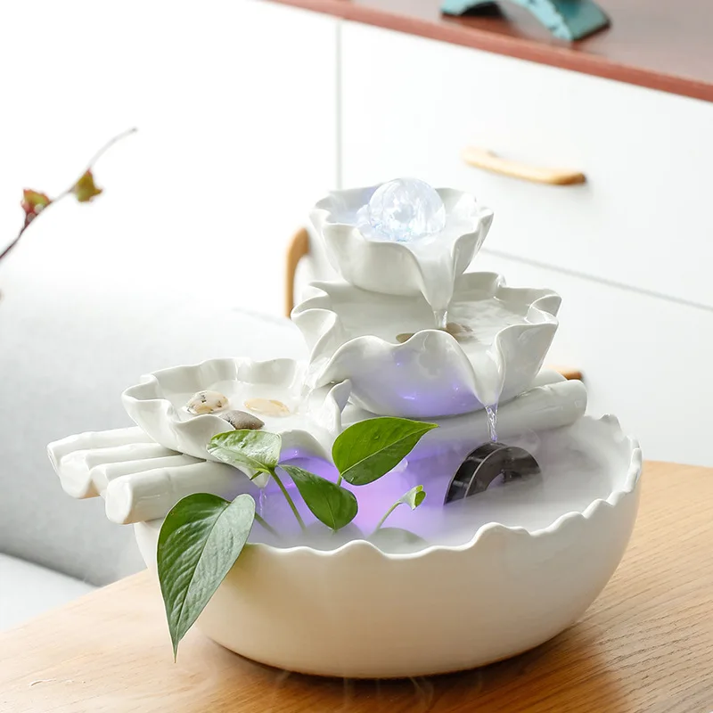 

White Lotus Ceramic Tabletop Fountains Creative Circulating Waterfall Ceramic Feng Shui Living Room & Office Desktop Humidifier