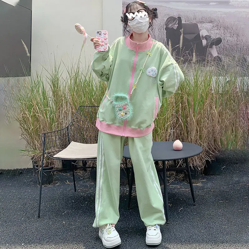 

Комплект спортивной одежды в консервативном стиле для женщин, осенний новый милый свободный зеленый свитшот на молнии + спортивные штаны, комплекты из 2 предметов, женские костюмы Y2k