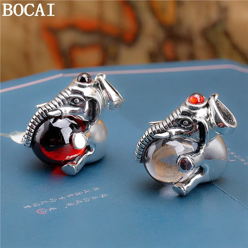 BOCAI S925 Sterling Silver Jewelry Inlaid With Crystal Red Zircon Elephant Bead Pendant Selected Gift