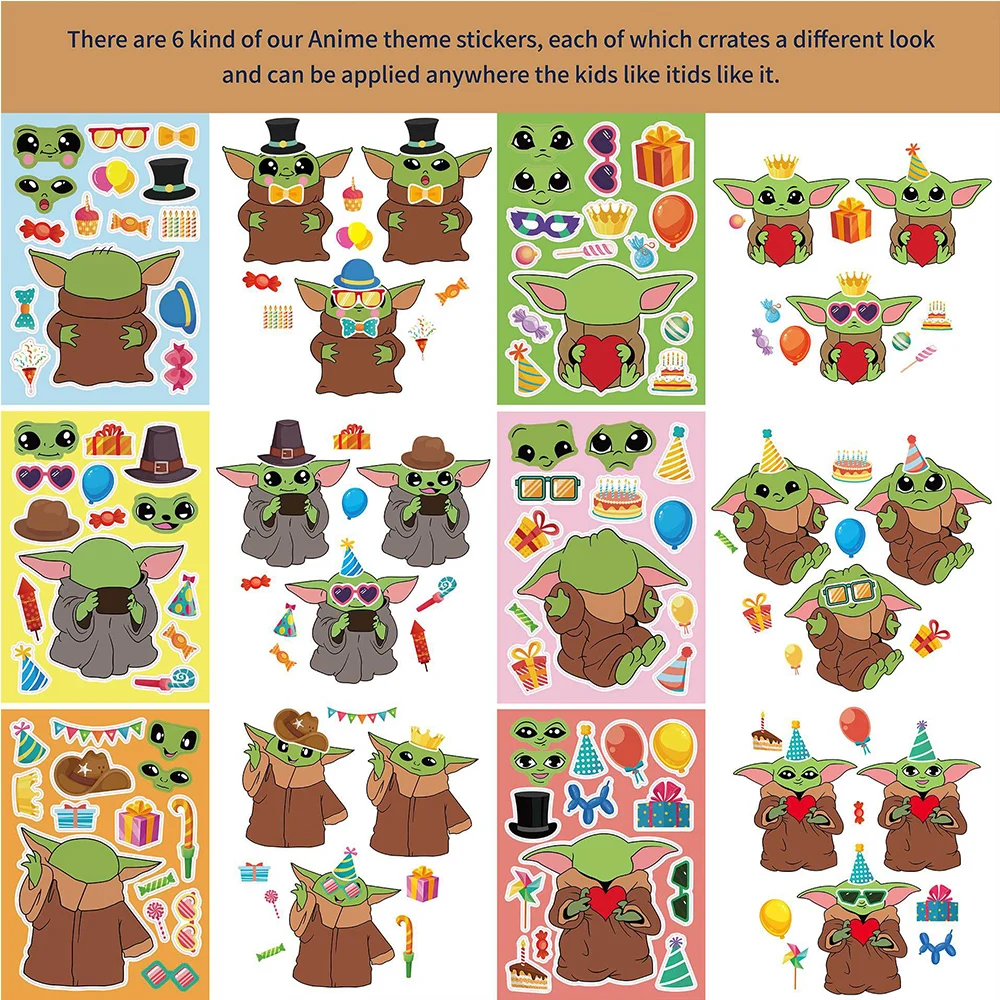 

6/12Sheets Disney Cartoon Yoda Stickers Kawaii Anime DIY Make-a-Face Assemble Jigsaw Game Decals Kids Educational Sticker Books