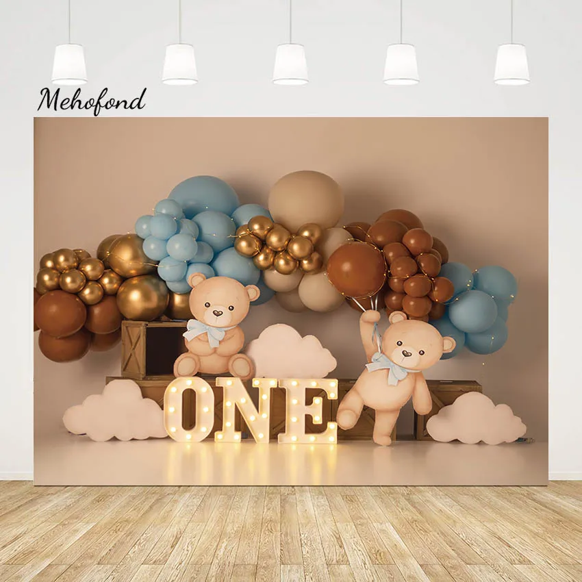 

Mehofond Photography Backdrop Baby Kids 1st Bithday Party Bear Golden Balloon Cake Smash Decoration Background Studio Photozone