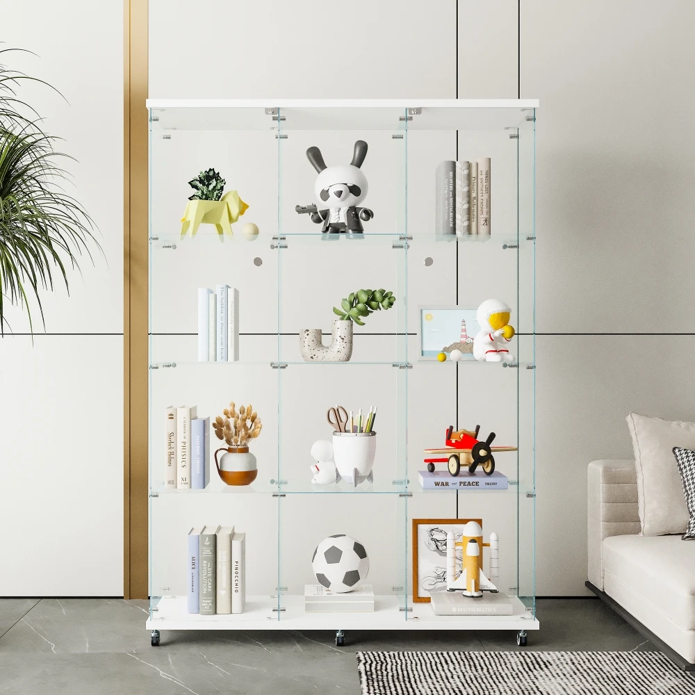 Glass Display Cabinet with 4 Shelves Extra Large Cabinets for Living Room, Bedroom, Office, Black Floor Standing Glass Bookshelf