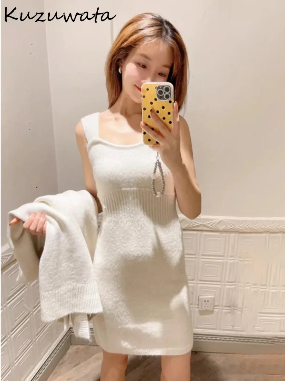 Kuzuwata New Elegant Long Sleeve Set Cardigan Sling Strapless Patchwork Slim Fit Robe Japanese Knit Moda French Style Suit Dress