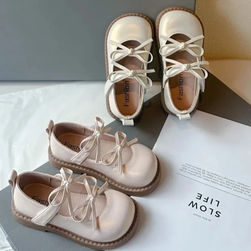 New Girls Princess Leather Shoes Sweet Bowknot Children's Flats Fashion Hollow-out Versatile Kids Causal Shoes Beige Pink