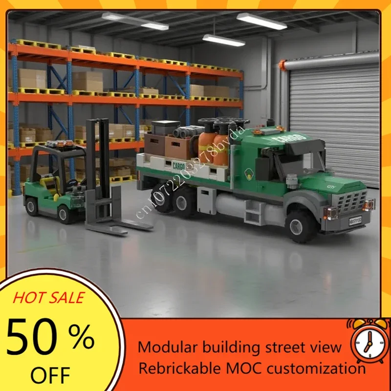 

347 шт. грузовой бортовой грузовик и вилочный погрузчик MOC, креативная модель с видом на улицу, пазлы на заказ, архитектура, сделай сам, сборная модель, игрушки, подарки