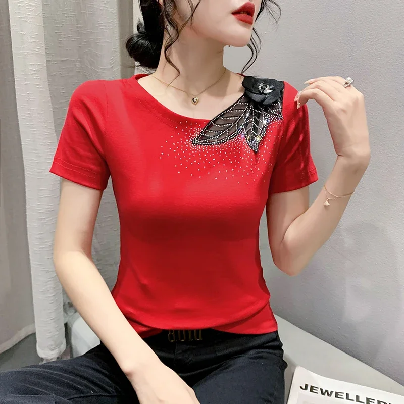 Summer Clothes Cotton T-Shirt Chic Sexy Patchwork Beaded Flower Glitter Hot Drill Women Slim Tops Short Sleeve Tees