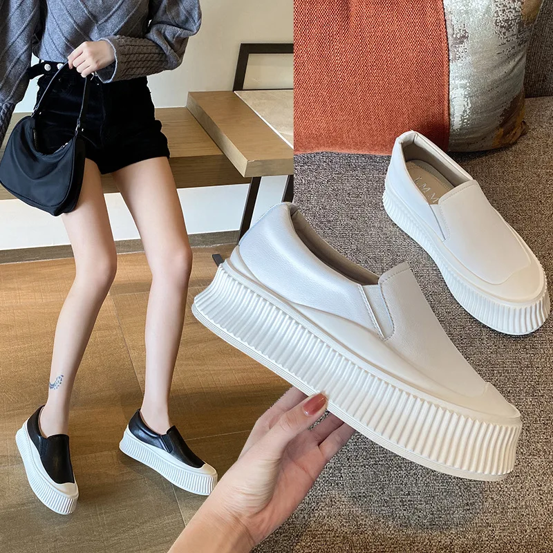 Casual Women's Leather Loafers Thick Sole Autumn Outdoor Casual Sneakers Slip On Round Toe Solid Color Casual Shoes Size 35-40