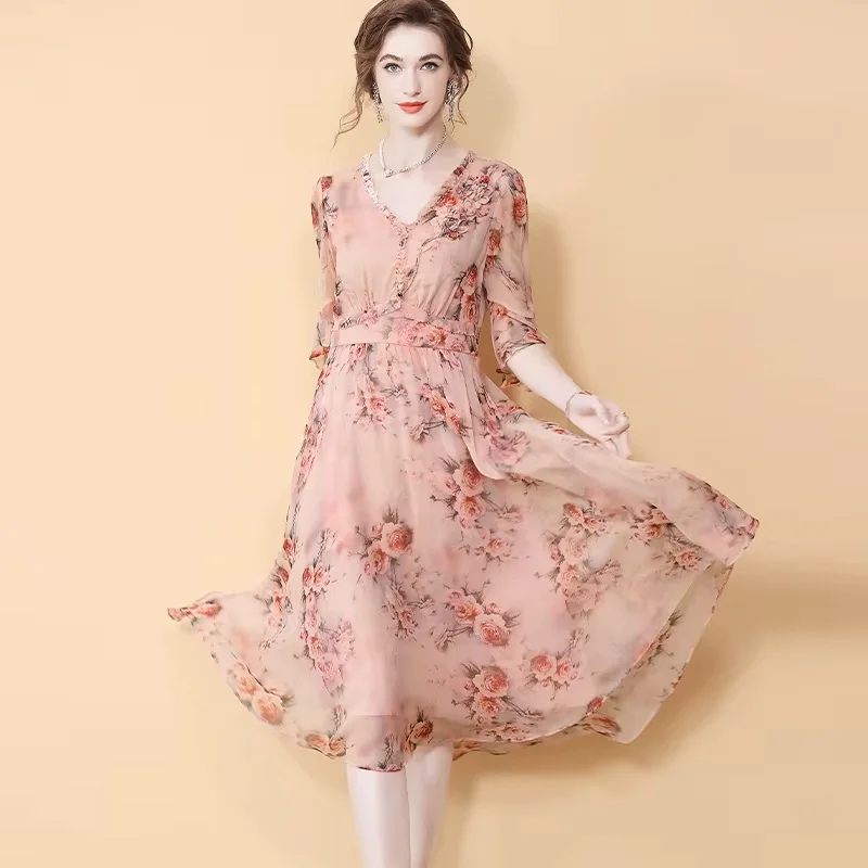 Chiffon Blumendruck Casual Midi-Kleid Damen Vintage Luxus Partykleid Urlaub Strand Bodycon Langes Abendkleid