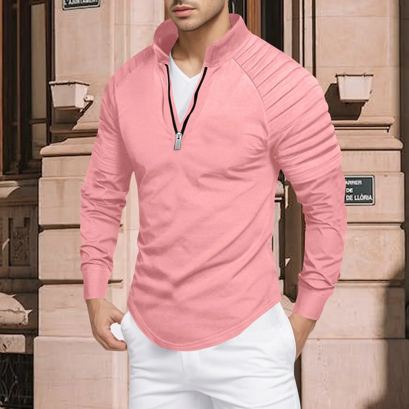 

Zipper Shirts For Men'S Slim Fit Shirt Casual Stretch Shoulder Pleated Zip Shirt Summer Solid Color Stand-Up Collar Casual Shirt
