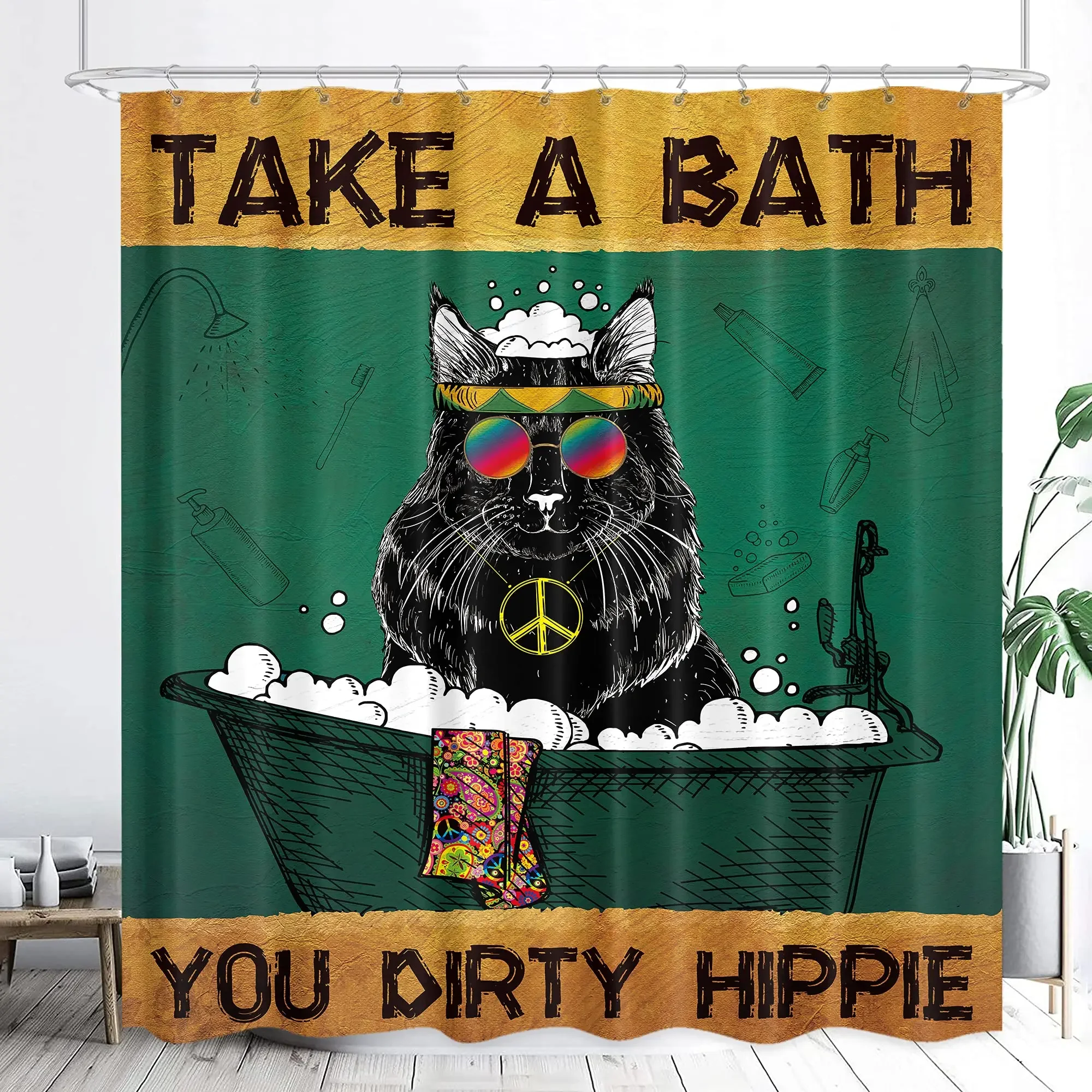 Cool Black Cat Shower Curtain Hippie Bathroom  Gothic Green Background Funny Animal Hipster Art Bathtub Decor with Hook