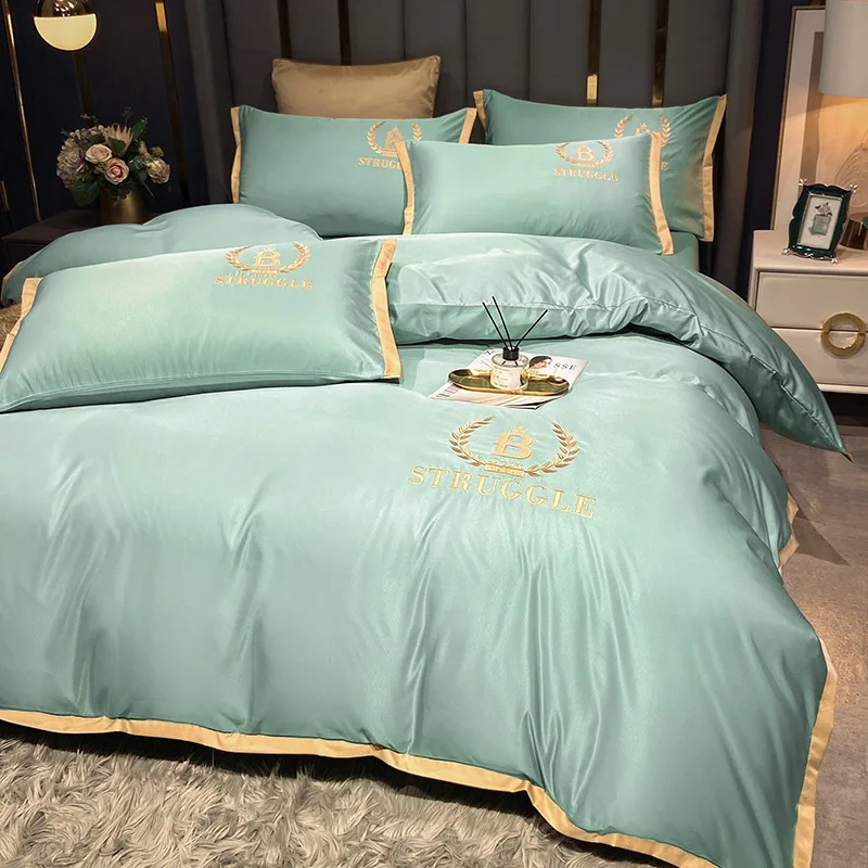 Summer new ice silk four piece set bed sheet and duvet cover embroidered 2-meter x2.3 core 1.8 bedsheet style