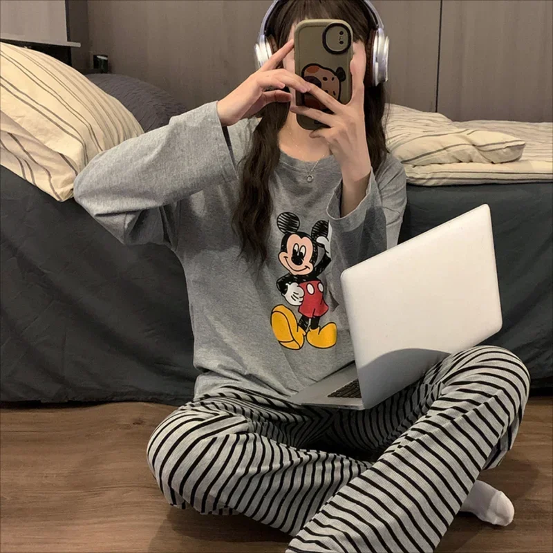 Disney Mickey pigiama autunno puro cotone cartone animato pantaloni a maniche lunghe casual due pezzi set pigiama da donna loungewear set