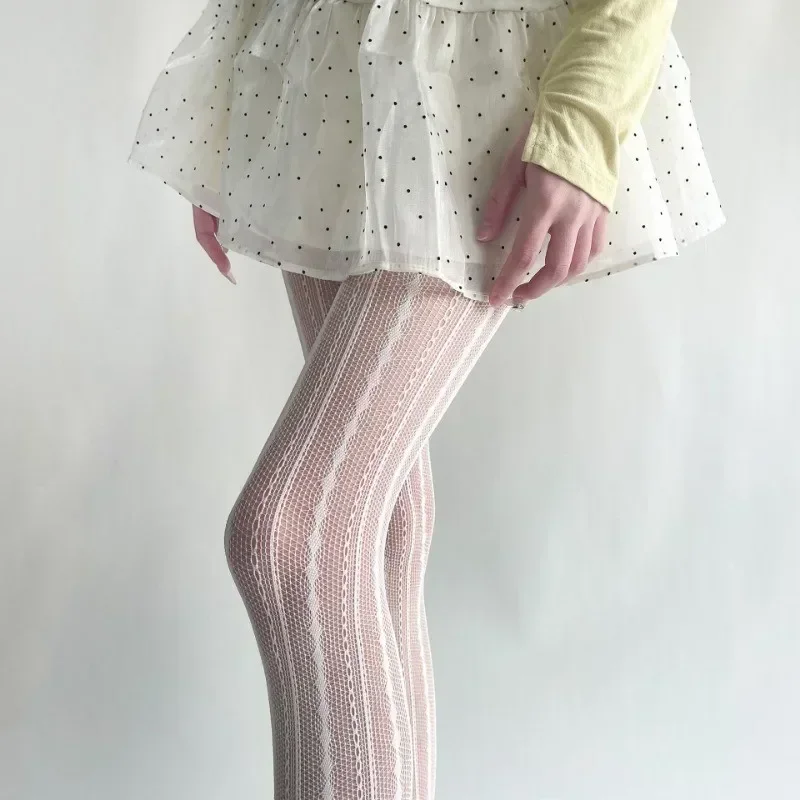 Women Sexy Lace Fishnet Stockings Lolita Hollow Out Solid Pantyhose JK Japanese Style High Waist Vintage Rhombus Striped Tights