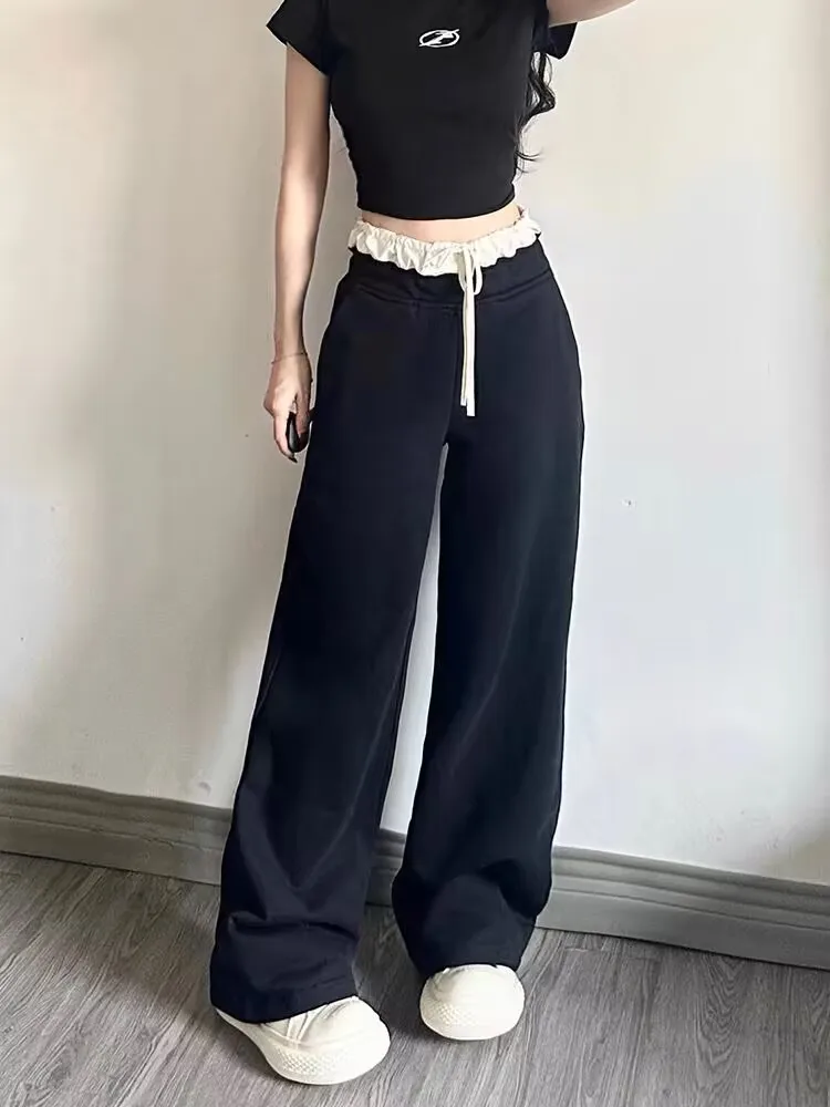 Pantalones casuales de encaje Retro americano Bla, pantalones de pierna ancha ajustados sueltos de cintura alta para mujer, novedad de verano, pierna recta cómoda Sle...