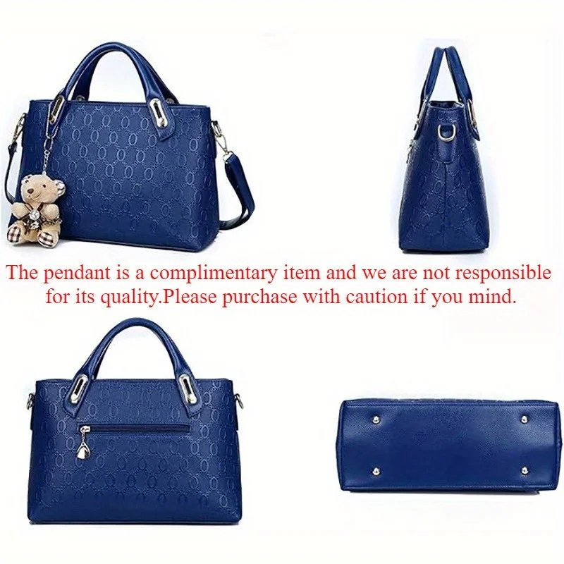 Fashion Embossed 4Pcs Women Handbag Set PU Tote Shoulder Bag Wallet Purse With Bear Pendant Daily Bags