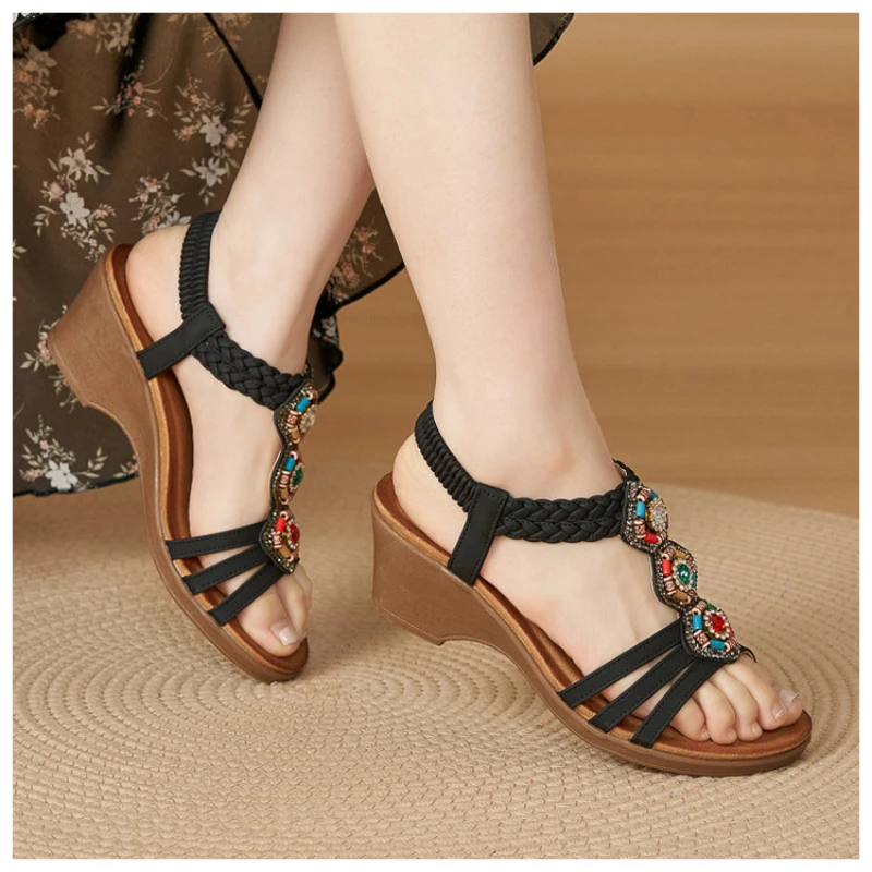 

Bohemian Rhinestone Wedge Sandals Braided Strap Comfortable Summer Shoes Non Slip Lightweight Casual Dress Sandals For Ladies