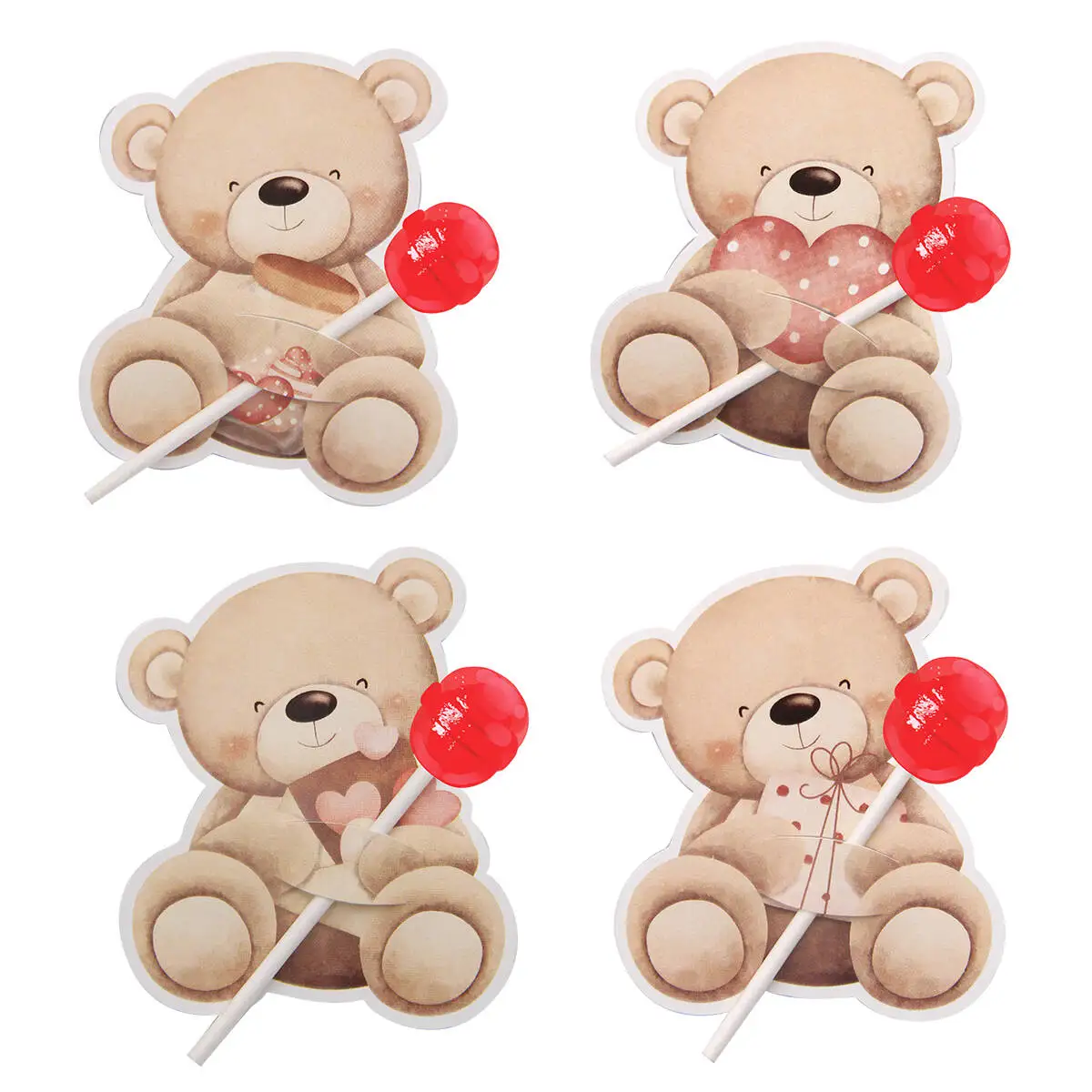 40Pcs Carton Bear Lollipop Cards Lovely Bear with Heart Candy Holders For Happy Valentine's Day Wedding Party Sweets Decoration