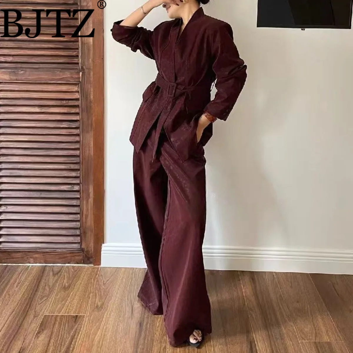

BJTZ Блейзер с v-образным вырезом и поясом с завязкой на талии, комплект из 2 предметов для женщин, весенне-осенний новый женский комплект с широкими брюками с высокой талией