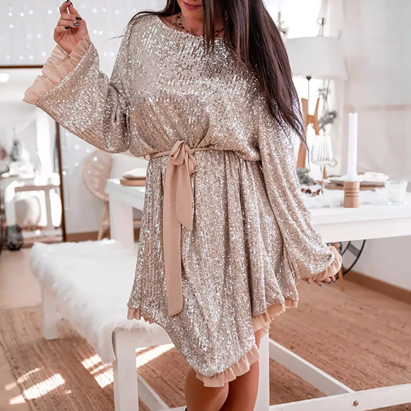 

New Women Long Sleeve Glitter Dress Female Swing Stitching Ruffle A-Line Dress Autumn Elegant Shinny Sequin Lace-up Party Dress