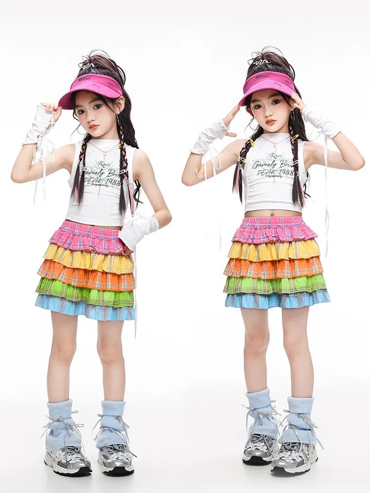 Kids Jazz Dance Performance Costume for Girls Fashionable Vest+5-layer Colorful Skirt Set Street Cheerleading team Dance Costume
