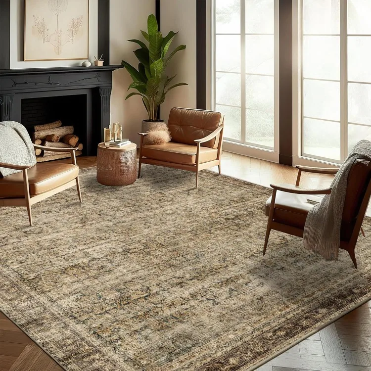 

Area Rug 8x10 Washable Rug Brown Vintage Traditional Mat Distressed Indoor Foldable Thin Retro Accent Floral Non Slip Carpet Liv