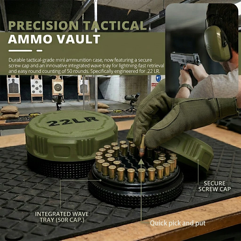 Mini .22LR Ammo Storage Box Pocket Size 50 Rounds Capacity Secure Screw Twist Lid Shockproof Durable Plastic Ammunition Case Por