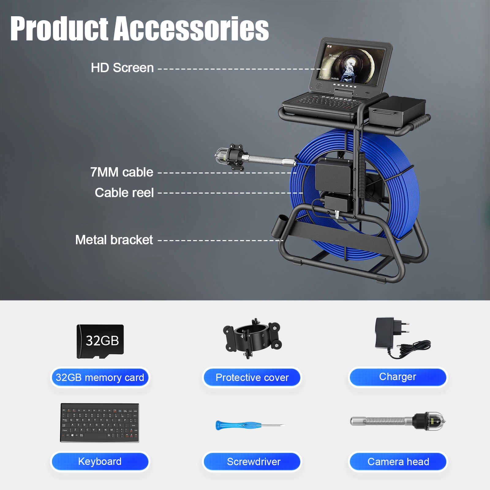 Caméra endoscopique rotative à 360° pour égouts, étanche IP68, AHD 1080P avec 12 LED lumineuses, batterie 4500 mAh, compteur et clavier, tube en fibre haute intensité et zoom 5X, vidéo et audio.