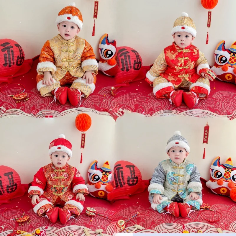 

2025 Winter Baby Tangsuit 6-36M Children Kids Boys Girls First Birthday Customes Thicken Warm Tops+Pants With Hat 3 Pcs Outfits