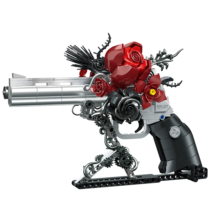

Guns & Petals Decorative Revolver Building Blocks Gothic Style Art Sculpture with Red Roses Silver