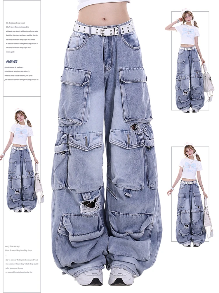 

Women Blue Cargo Pants Vintage Y2k Harajuku 90s Streetwear Aesthetic Baggy Emo Pants Oversize High Waist Trousers 2000s Clothes