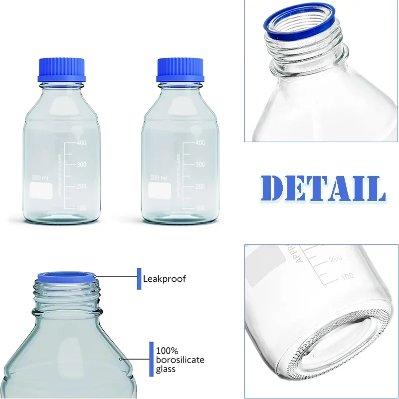 5pcs 25-1000ml Media Storage Glass Bottles Borosilicate Scientific Round Graduated Media Bottle with Blue Gl45 Screw Cap for Lab