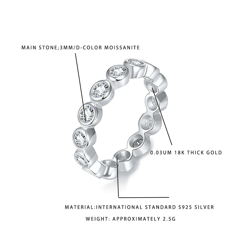 

Luxury Full Eternity Moissanite Ring S925 Silver 18K White Gold Plated D Color Stackable Band for Women Wedding Gift