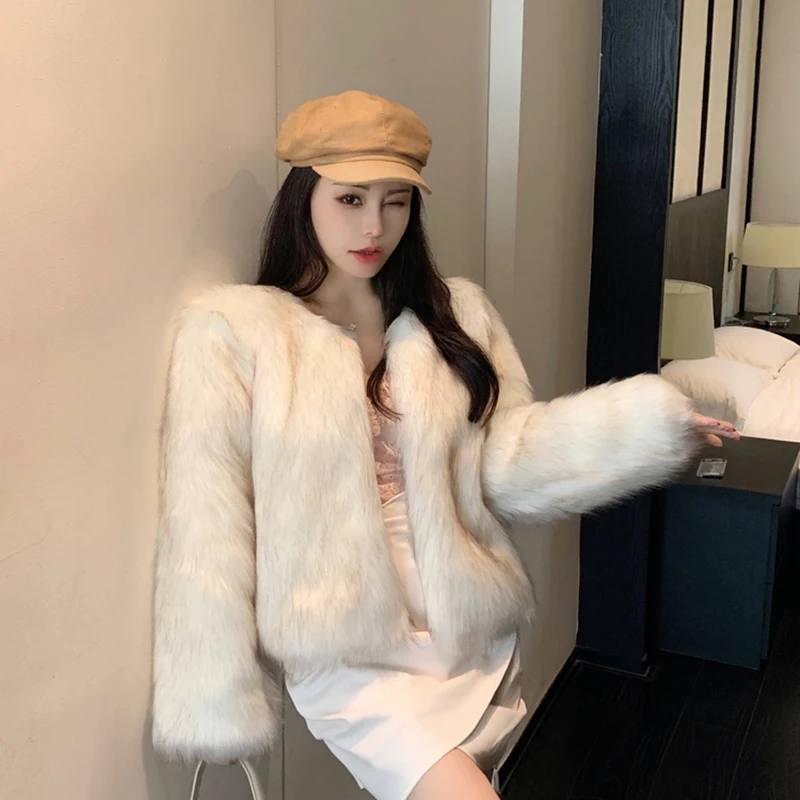 Mulheres falso casaco de pele de raposa inverno manga longa grosso quente jaqueta fofo solto moda coreano outwear elegante commuter escritório topo