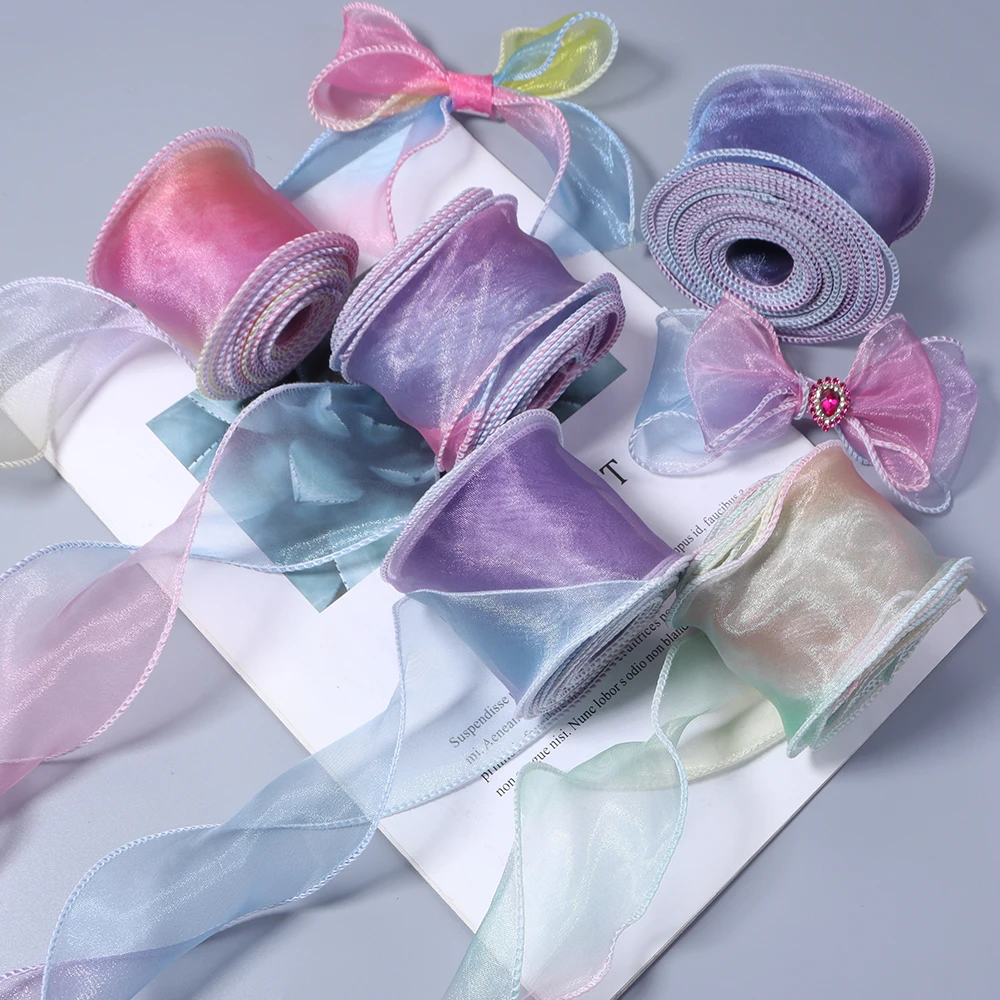 Fotografia 4: Fitas de organza acetinada com borda ondulada iridescente reflexiva de 6cm, 5 jardas/lote, para embrulho de presentes, laços DIY e decoração de acessórios de cabelo.