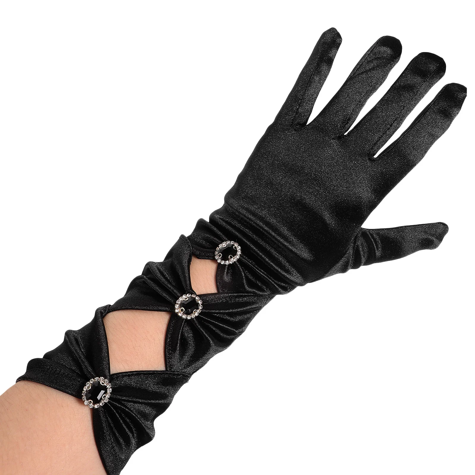 

1Pair Opera Gloves Satin Rhinestone Bow Elegant Long Black Gloves for Wedding Banquet Dance Party Prom Evening