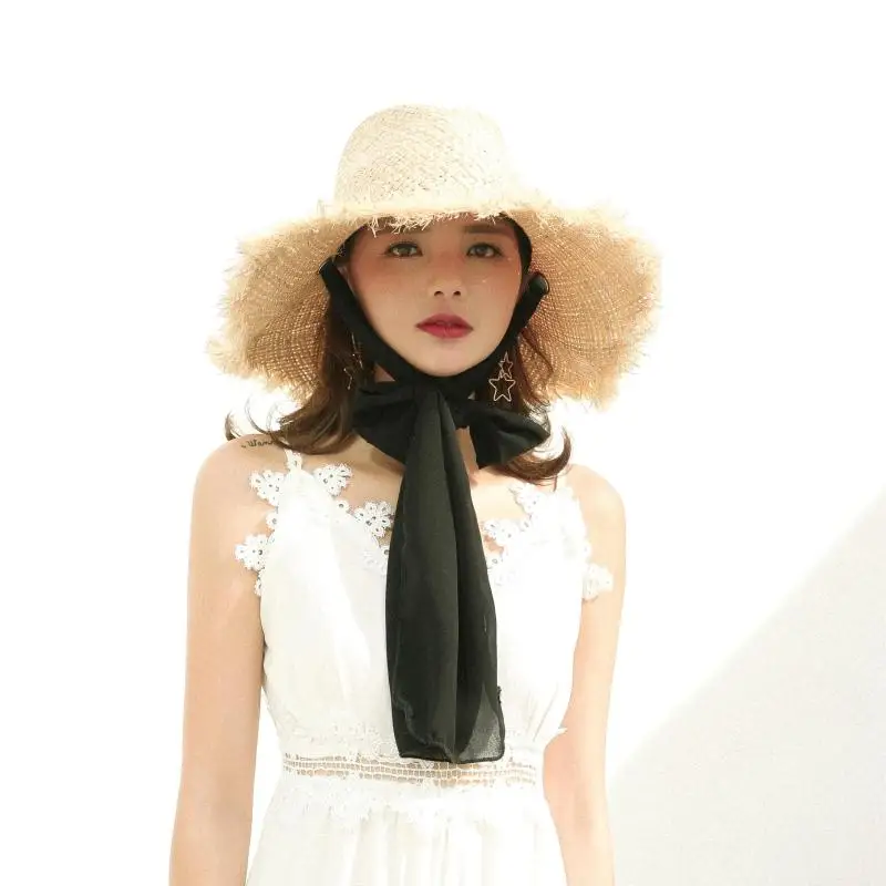 Brand popular comfortable long ribbon raffia beach hast for women outdoor Holiday hats summer straw hat wholesale dropshipping