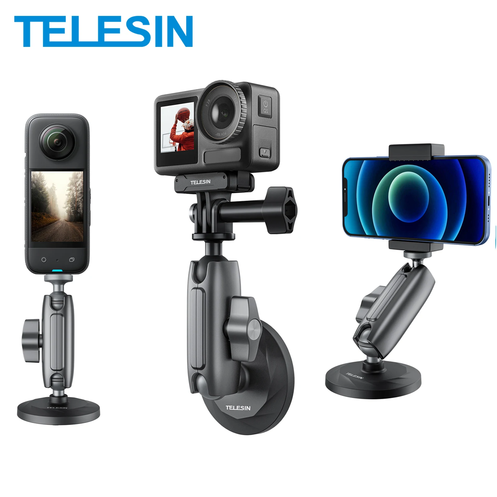 TELESIN Aluminum Alloy Magnetic 360° Adjustable 1/4 Adapter Action Camera Holder  For GoPro Insta360 DJI OSMO Action Smart Phone