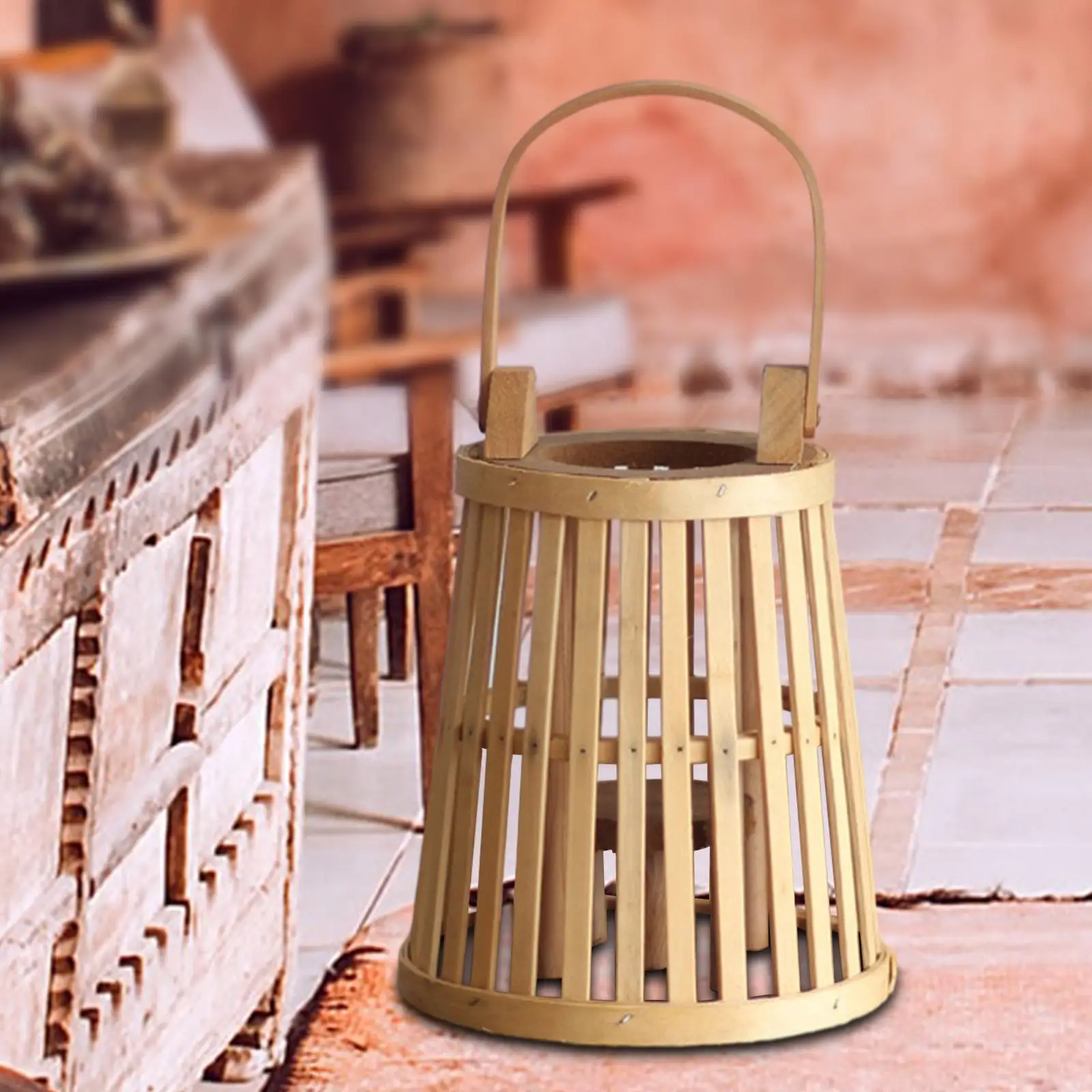 Vintage Bamboo Lantern Candle Holder Handwoven Hollow Candlestick Hanging Floor Lamp Decor for Patio Balcony Home Garden