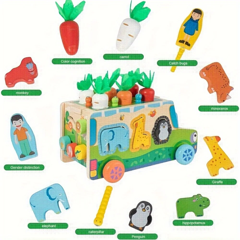 Montessori Wisdom Toddler Toys, Carrot Wooden Shape Sorting Toys, Vegetable and Farm Animal Blocks, Infant Christmas Gifts