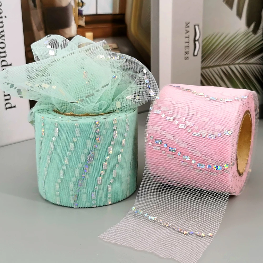 6cm 25yards Tulle Rolls Glitter Sequin Printed Organza Film Tape for DIY Princess Hair Clip Bows Bouquet Cake Top Doll Skirts