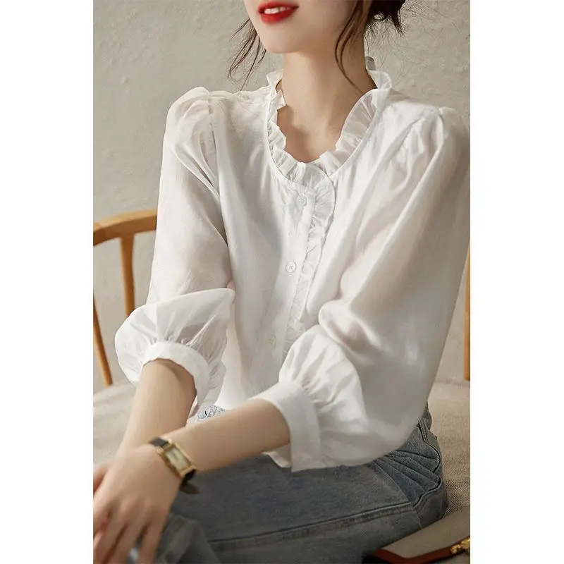 French Style Solid Colored Shirt with Wooden Ear Edge 3/4 Sleeve Cardigan 2023 Summer New Loose Fitting and Breathable Top