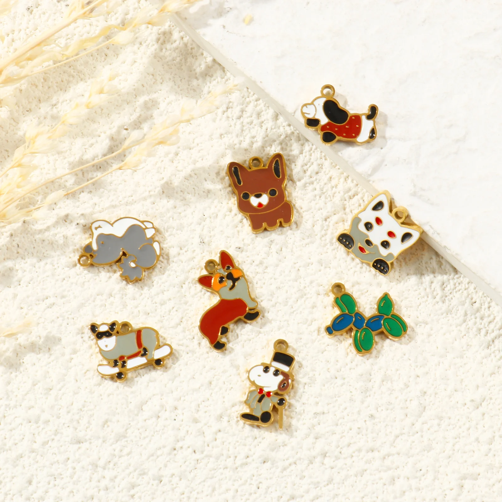 2 PCs 304 Stainless Steel Pet Memorial Charms 18K Gold Plated Dog Corgi Husky Animal Enamel Pendants For DIY Necklace Making