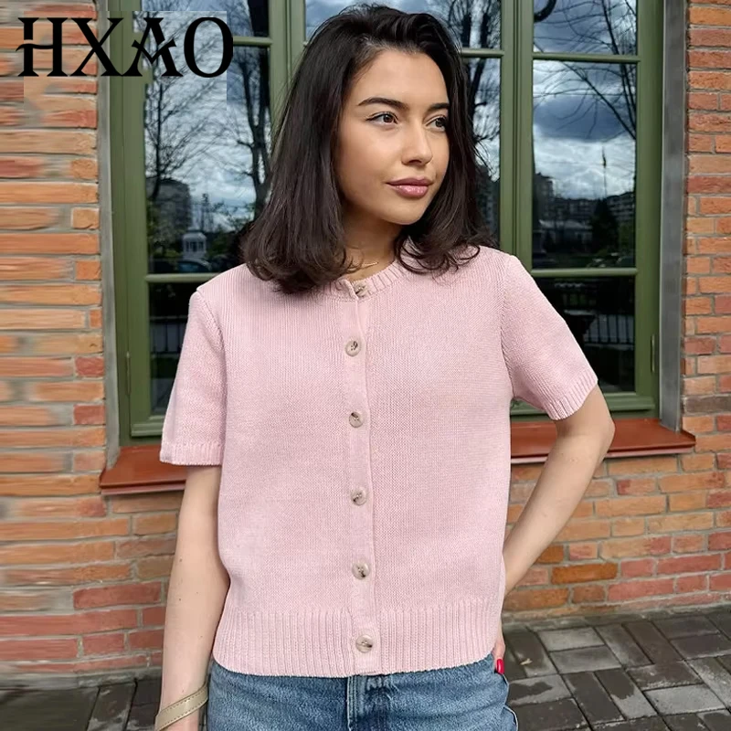 

HXAO Woman Sweater Crop Knit Cardigan Spring Summer 2025 Pink Button Up O-Neck Short Sleeve Knitwear Outerwear Elegant Cute Coat
