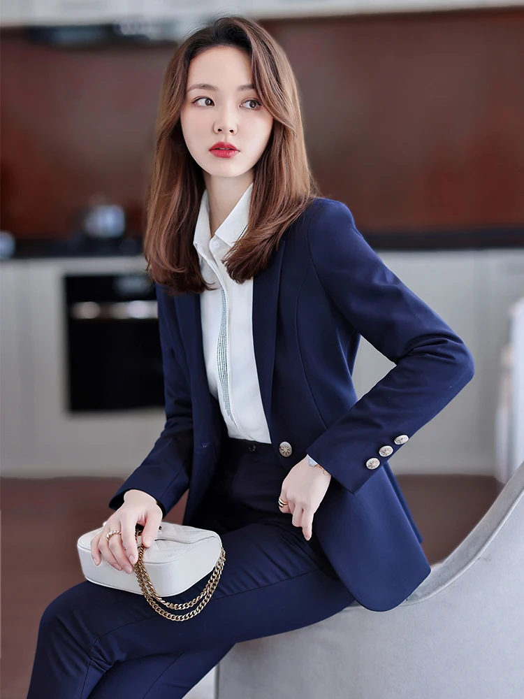 Women Blue Navy Black Formal Blazer Pant Suit Female Solid Jacket and Trouser 2 Piece Set For Office Ladies Winter Work Wear