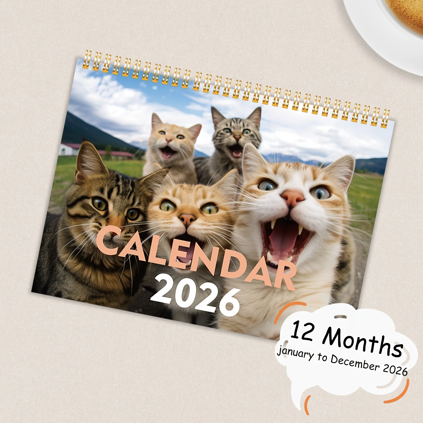 Calendrier mural chat et amis 2026 – Série Fun Cat Selfie, photos de 12 mois, cadeau parfait pour les amateurs de chats, langue anglaise