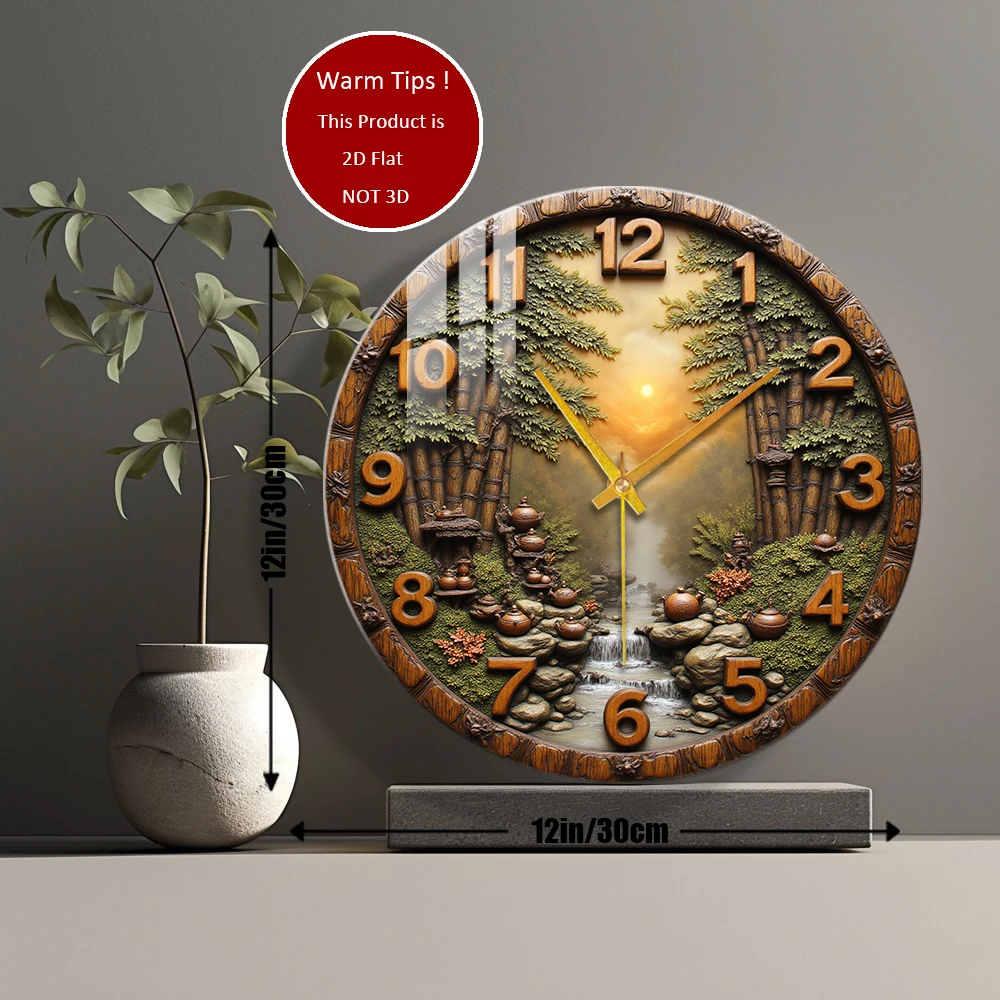 Tempered Glass Wall Clock Wooden Carving Bamboo Stream Teapots Sunset Suitable For Wall Decor or Tabletop Display Anywhere
